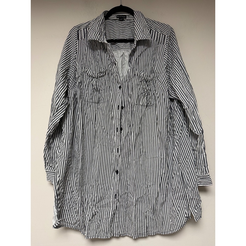 New Directions Curvy 1X Black‎ White Stripe Button Down Shirt Tunic Rayon